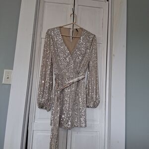 Blanc Sparkling Champagne Sequin Wrap Mini Dress with Belt
